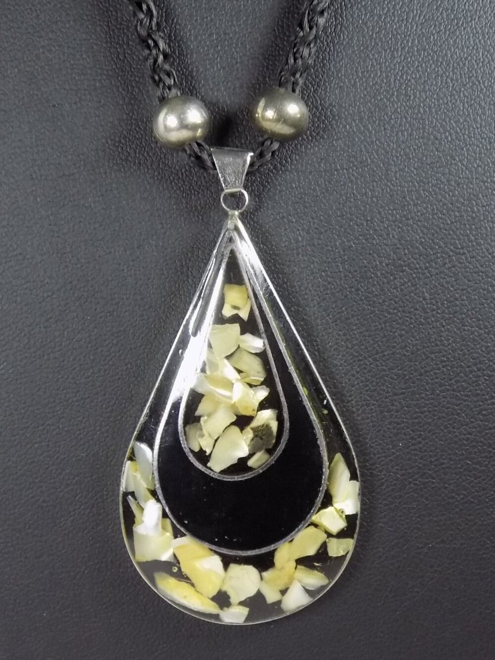 Vintage Pendant Necklace Black Cord Mother of Pearl Inlay Black Stone Silvertone